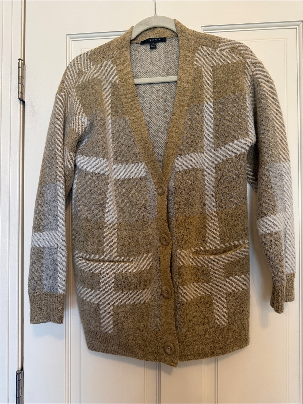 Sandro Beige and Cream Plaid Button-Up Cardigan